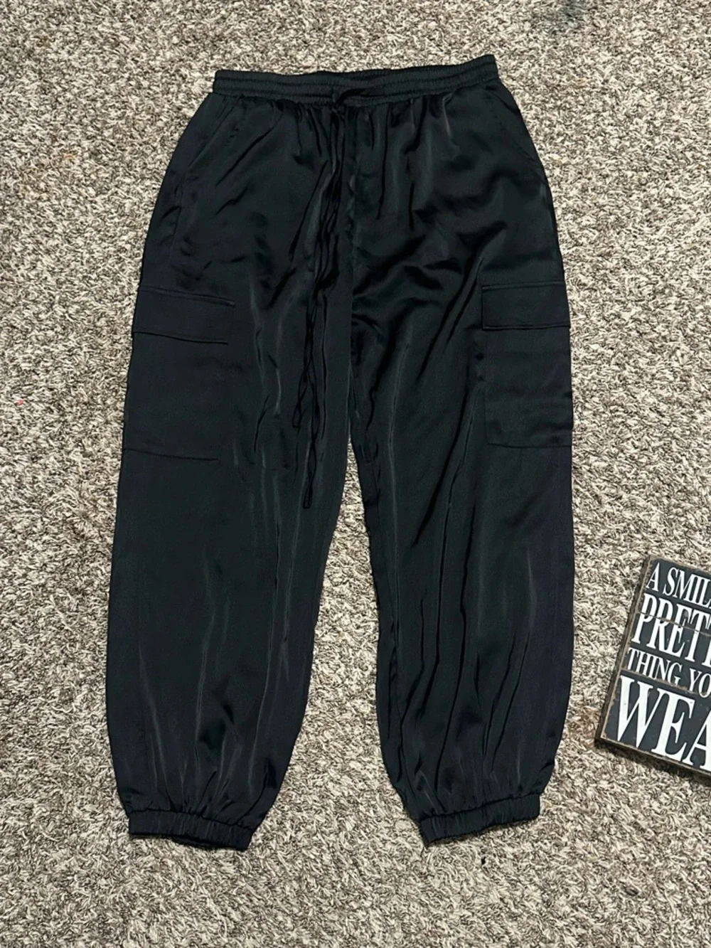 Black Satin cargo joggers size XL New With Tags - 32” waist